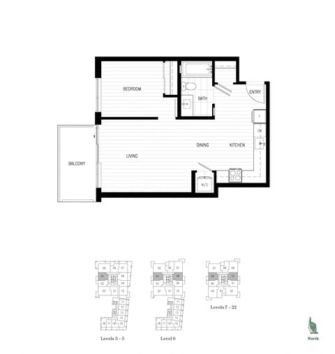 Floor plan for 1 bed, 1 bath, 596 sqft